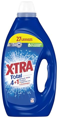 X-Tra Total - Lessive Liquide - 4 plus 1 - Propreté - Eclat - Fraîcheur - Engagé pour vous - Economique - Une seule lessive pour tout votre linge - Efficace des 20°C - 27 Lavages