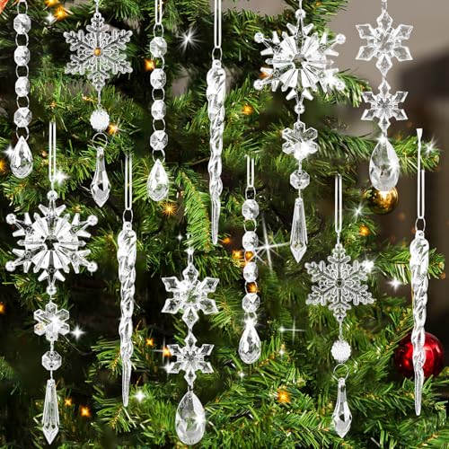 Gioielli per albero di Natale, 16 pezzi, in acrilico, fiocchi di neve, decorazione natalizia, decorazione per albero di Natale, fiocchi di neve (trasparente)