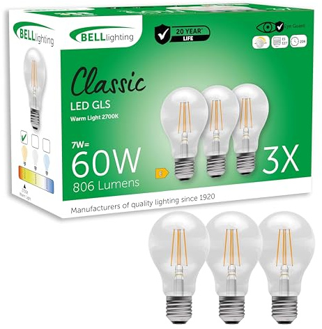 BELL Lighting E27 Edison Dimmable LED Filament GLS Bulbs 7W 806lm 3 Pack