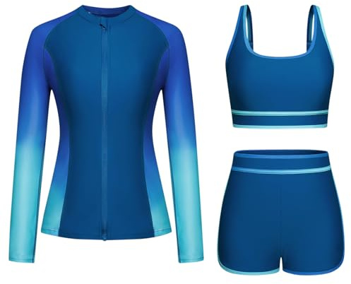 Trajes de baño de protección contra erupciones de 3 piezas para mujeres UV UPF 50+ manga larga traje de neopreno traje de baño con cremallera conjunto de bikini boyshort modesto protección solar