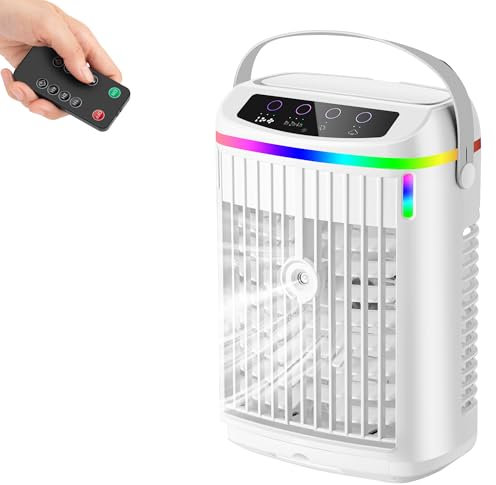 Portable Air Conditioner, 4 In 1 Portable Air Cooler Fan and Humidifier, USB Mini Air cooling Fan with with Spray & Colorful Night Light Timed function Modes Cooler for Bedroom, office,Home