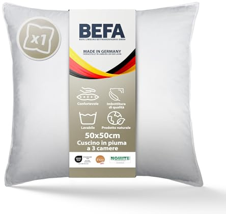 BEFA NATUR Made in Germany, cuscino a 3 camere, 70 x 90 cm, in 90% piumino e 10% piume, adatto alle persone allergiche (Nomite), certificato Öko-Text 100 classe 1, EN Standard 12934, Downpass