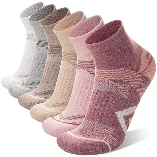 ANTSANG 6 Pairs Merino Wool Quarter Ankle Hiking Running Socks Compression Thermal Thick Cushion Socks for Women Men(Pink Series,L)