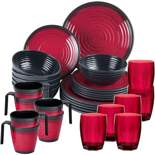 Vaisselle de camping en mélamine pour 6 personnes – avec assiettes et tasses empilables – 30 pièces – Verre rouge et noir aspect faïence – Vaisselle d'extérieur pour caravane et camping-car