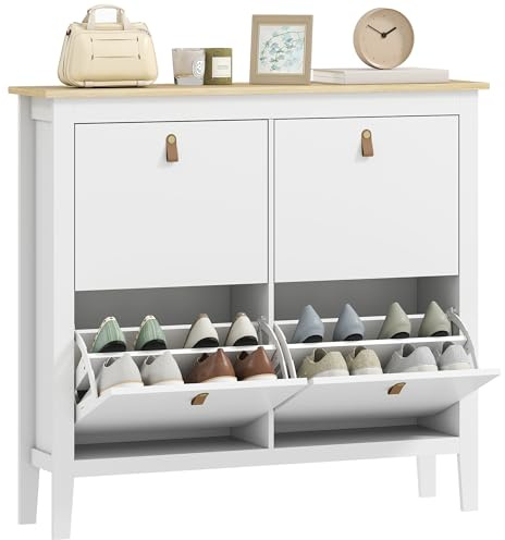 HOMCOM Meuble à Chaussures 20 Paires, Armoire à Chaussures étroite avec 4 tiroirs rabattables, étagères réglables et Amovibles, Style Moderne, pour Couloir et entrée, 105 x 24 x 95,5 cm, Blanc