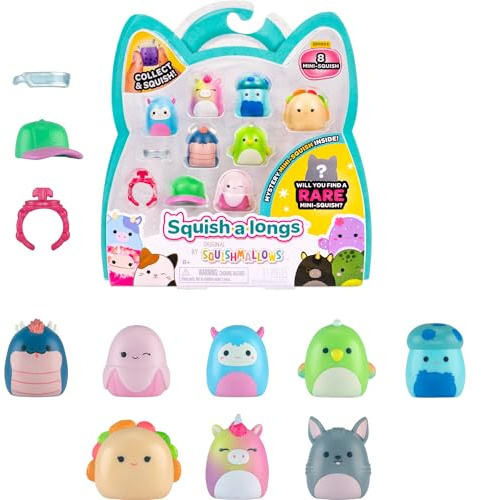 Pack de 8 Mini-Squish Squish-a-longs (Vague 5, Style 2) Comprend Lex Lex la Banane, Cian Le Basilic, Wolfe Le Perroquet