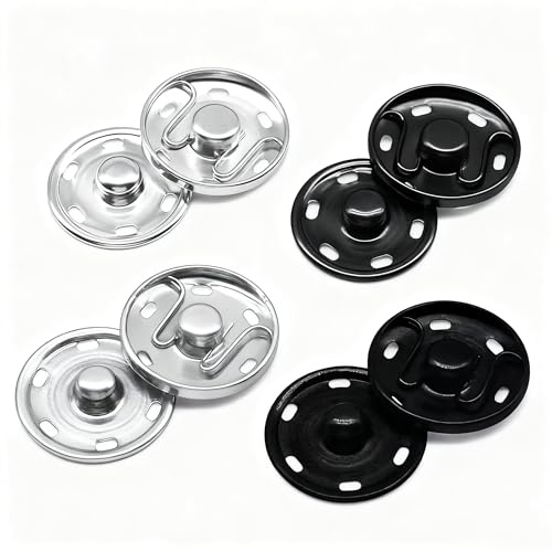 12 Sets Sew-on Snap Buttons, 25mm Metal Invisible Press Studs Snaps Fasteners Buttons for Clothes Purse Handbag Craft DIY Supplies(Black+Silver)