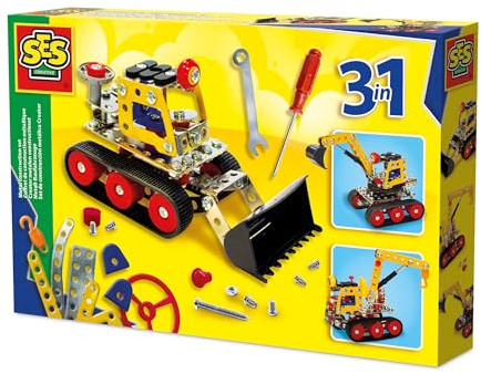 SES Creative - Metallo - Veicoli da costruzione 3-1 - Kit creativo per bambini - Gru, escavatore, camion - Giocattoli da costruzione per bambini - Con parti in metallo e plastica - Dai 7 anni in su