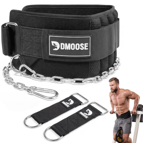 DMoose Fitness Dip Belt for Weight Lifting, Pullup, Squat & Dips - 36 Robust Steel Chain, Loading Straps & Neoprene Padding Supports 350lbs Weightlifting - Gym Weight Belt for Men & Women (Black Pro)