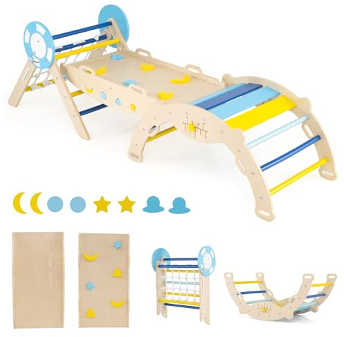 GOPLUS 7-i-1 färgglad Montessori klättertriangel, klätterset för småbarn med nautiskt tema, ramp, båge och vikbar triangel, inomhus, trä, baby, triangel, klätterlekplats, klätterställning för barn