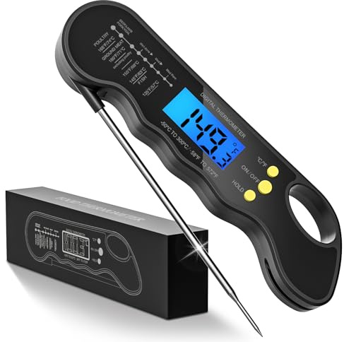 Instant Read Meat Thermometer, Fast and Accurate Digital Food Thermometer with Magnet, Backlight, Waterproof for Cooking, BBQ, Grilling, Baking, Smoker, Candy Making (Black)