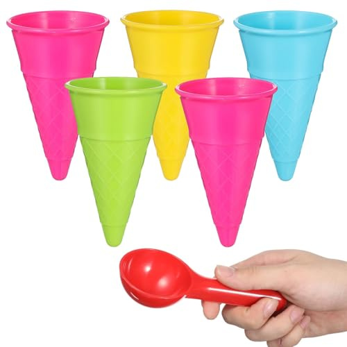 ifundom Lot de 6 Set de Jouets de Plage Cornets de Glace en Plastique Colorés, 5 Cornets 1 Pelle à Jouets, de Sable pour Garçon et Filles, Jeu D’extérieur pour Plage, Couleur Aléatoire
