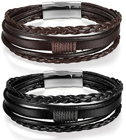 JewelryWe Schmuck 2pcs Herren Damen Armbänder Set, Multi-Layered Wickelarmband geflochten Leder Armband Armreif mit Magnetverschluss, Geschenke für Männer Schwarz Braun Silber