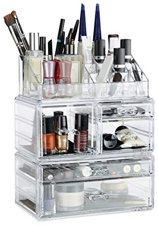 Relaxdays Organisateur cosmétiques 3 parties boîte rangement maquillage Make up 21 compartiments acrylique, transparent