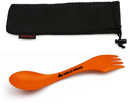 Wild Peak Plastic Spork - Lightweight & Strong All in one Spoon, Fork, Knife Cutlery with Optional Storage Bag ▲ (Sunset Orange, with Storage Bag)
