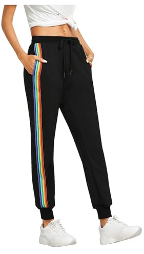 SweatyRocks Women's Drawstring Waist Striped Side Jogger Sweatpants with Pocket Rainbow Black X-Small