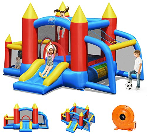 GOPLUS Castillo Hinchable con Soplador, Inchable Infantil Interior Exterior, Material Extra Rueso, Ninos Adecuado de 3 a 10 Años, con Toboganes, Zona de Salto de Pared de Escalada, 350 x 275 x 196cm