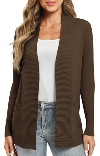 EXCHIC Donna Casuale Manica Lunga Lavorare a Maglia Cardigan Leggero Comodo Fronte aperto Maglioni Lunghi con Tasche(L, Marrone)