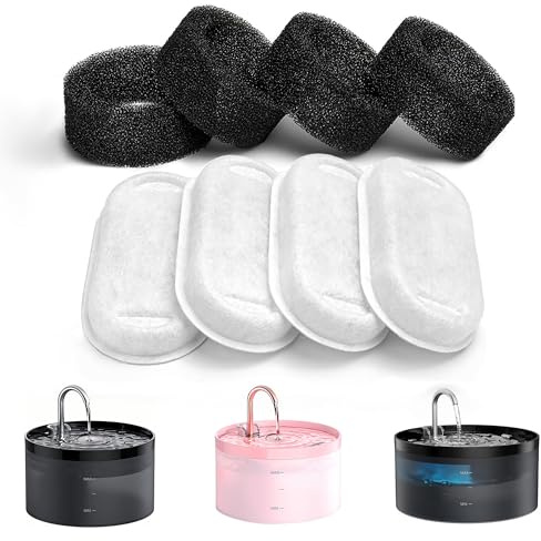 GIOTOHUN Filtres de Fontaine a Eau, 4PCS Filtres + 4PCS Éponges de Fontaine à Eau pour Chat, Cheveux Filtrants, Triple Filtration, Convient pour H1