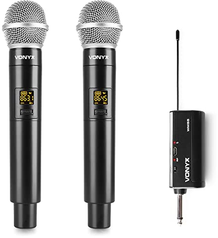 Vonyx WM552 Set de 2 Micrófonos Inalámbricos Duales con Receptor UHF, Conector de Altavoz, Recargable por USB, 10 Canales seleccionables, Silencio Automático, Micro para Cantar, Microfono Reuniones