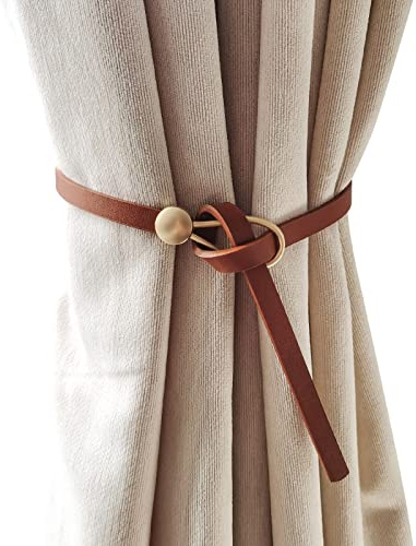 4 PCS Leather Curtain Rope Tiebacks,Curtain Tie Drapes Curtain Holdbacks Curtain Ring Clips Vintage Style Curtain Tie Backs Curtain Buckle for Home Decorations (Brown)