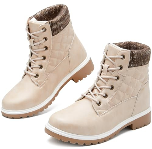 Adokoo Boots for Women Waterproof Fall Winter Ankle Boots Snow Black Combat Boots Lace Up Non Slip for Hiking Work US9 Apricot