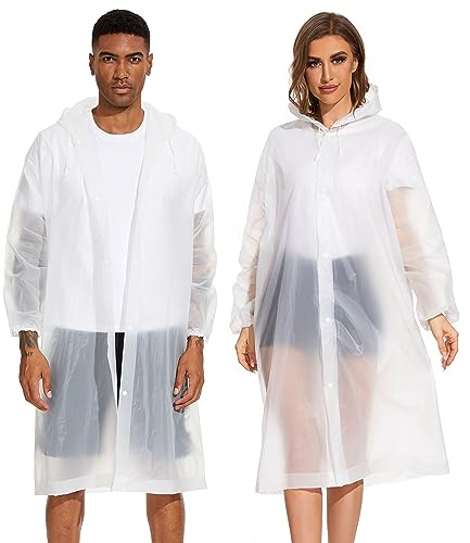 OFFITECTURE 2-Pack Reusable Rain Ponchos for Adults - Hooded Raincoats for Women/Men with Drawstring - White