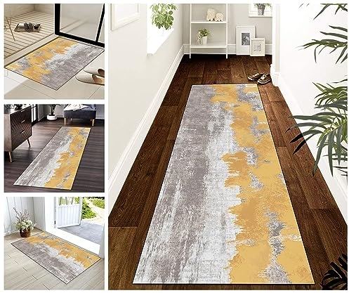 Buatisf Teppich Läufer Flur rutschfest Küchenteppich Modern Gelb Grau Braun Dauerhaft, Küchenläufer Küche Esszimmer Flur Waschküch Meterware Anpassbar