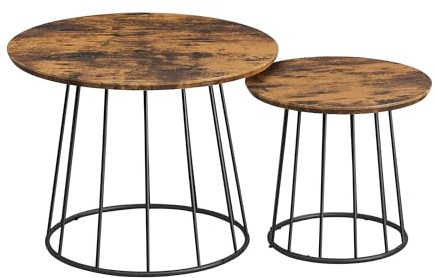 VASAGLE Couchtisch rund, 2er Set, modern, runder Beistelltisch, mit Stahlgestell, für Wohnzimmer, Schlafzimmer, vintagebraun LCT045K01