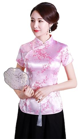 Bigougem Cheongsam Chinois Manches Courtes Col Montant Imprimé Dragon Phoenix Chemisier Ethnique Blouse Top pour Fête Été