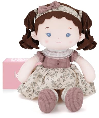 LeyaDoll mjuk plysch babydocka 40 cm, första trasdocka för 1 år gammal flicka gåva | Rosa presentförpackning ingår, kompis för läggdags för spädbarn, broderat ansikte och mjukt mjukt, maskintvättbart