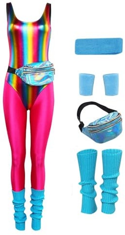 Cyborey 6 Stück Set 80er Jahre Fitness Kostüm Damen Bunte Jumpsuit Yoga Hose Retro Trainingsanzug Kostüm