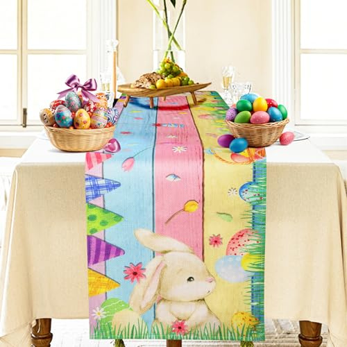 Bigqin Camino de Mesa Pascua Resurrección, Huevos de Pascua Conejito Flor Polluelo Lino Mantel Decoración para Comedor Cocina Cafetería Hogar Interior Bar Decoración de Fiesta, 183*33cm/72*13
