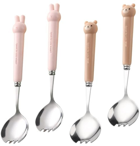 Posate per Insalata in Acciaio Inox, Cucchiaio Forchetta da Bistecca Cucchiaio da Portata in Acciaio Inox, Cucchiaio da Ramen Cucchiaio e Forchetta da Dessert alla Frutta Set (4 Cartone Animato)