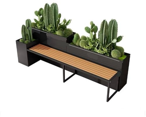 Banco con jardinera, Juego de mesa y silla de ocio for patio de calle comercial, juego de macetero de metal ensamblado for parque, banco de descanso for asientos al aire libre, juego de caja de flores