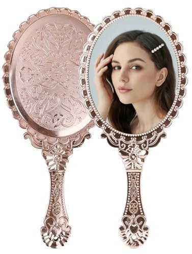 LuxStellar Handspiegel mit Griff Retro, Vintage Spiegel Roségold Friseur Spiegel mit Ösen Design tragbarer Kosmetikspiegel für Damen Make up Zuhause Reise