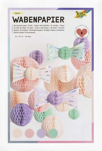 folia 461-19 - Papier nid d'abeille PASTEL, 21 x 33 cm, papier de bricolage avec structure en nid d'abeille en 4 couleurs, 30 couches, pour créer des décorations en nid d'abeille colorées