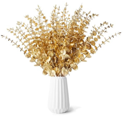 Wekuw 24 Piante Eucalipto Artificiali Rami Decorativi per Vaso Foglie Finte per Decorazioni Foglie Eucalipto Artificiali per Balcone Matrimoni Casa Festa Decorazione Composizione Floreale (d'oro)