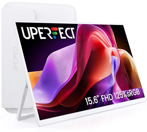UPERFECT Monitor Portatile 15,6 125% sRGB Schermo Esterno Bianco con Custodia, 2000:1 Contrasto FHD 1080P HDR Eyecare, Stand Regolabile 180° Integrato & VESA, Monitor Secondario per Laptop PC Mac