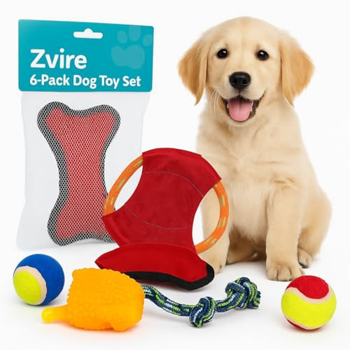 Zvire 6-pack hundleksaksset – interaktivt lekpaket med tennisbollar, rep, pipig kyckling och tuggleksaker – hållbart roligt set för små, medelstora och stora hundar – perfekt för träning och träning
