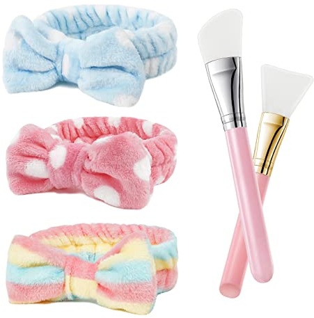 URAQT Bandeaux de Maquillage, 3PCS Bandeau de Lavage, Bandeaux en Microfibre Bowknot Bandeaux avec 2PCS Pinceaux Masque Visage en Silicone Pour le Maquillage et les Soins du Visage (Multicolore 2)