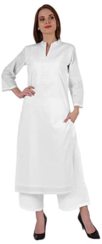 Bimba Mandarin Collar W/Pintucked Neck Cotton Kurti For Women's Indian Ethnic Straight Solid Kurta White
