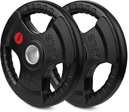 wuuhoo® olympische Hantelscheiben Jan 50mm, Langhantelgewicht 2er Set, Hantelscheibe gummiert mit Stahlkern und Griffen, beschichtet in Schwarz - Fitnessgerät für Zuhause 2 x 15 kg