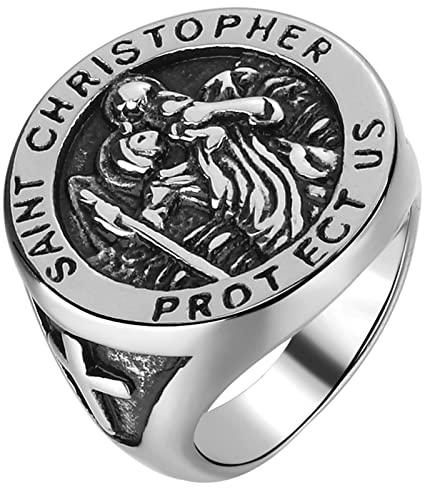 JewelryWe Schmuck Retro Herren-Ring Heiliger Christophorus Schutzpatron der Reisenden Saint Christopher Ring Edelstahl Siegelring Bandring Band mit Gravur Silber Größe 70
