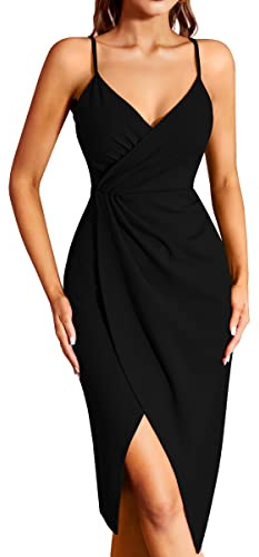 Missufe Robe pour femmes - Robe de cocktail - Robe de fête - Robe drapée - Robe d'été - Robe midi - Robe festive élégante Bodycon - Robe de mariage - Robe sans manches - Robe à bretelles fines - Robes