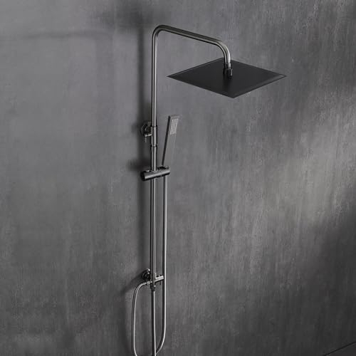 Görbach Acciaio Inox Colonna Doccia Senza Miscelatore Termostatico, Asta Doccia Saliscendi Fori Muro Regolabili Set Doccia a Pioggia con Soffione e Doccetta a Mano, 25 x 25 cm Grigio Canna