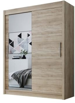 Easy4You D1 150 cm Sonoma Schiebetüren Kleiderschrank 150x200x58 cm mit Spiegel - Schlafzimmermöbel, Aufbewahrung - Mehrzweckschrank