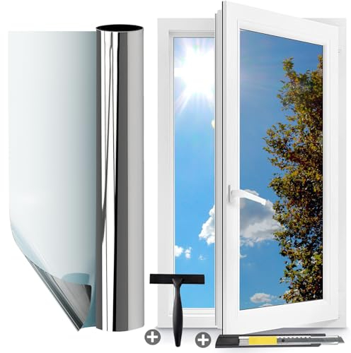 Gutsurge Spiegelfolie Fenster Sichtschutz 75x400cm Hitzeschutzfolie für Fenster Privatsphäre Sonnenschutzfolie Innen Rückstandslose Thermofolie gegen Hitze UV Schutzfolie Wärmeschutzfolie Silber