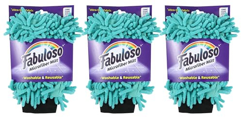 Fabuloso Microfiber Cleaning Mitt Glove, Lint-Free Scratch-Free Dusting and Washing for Furniture, Blinds, Baseboards, Shelves and Car Interior, One Size Fits All, Teal, 3-Pack