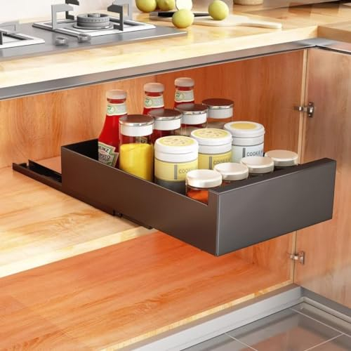 Tielag Teleskopschublade, Ausziehbare Schublade Küche (35cm B x 43cm T x 8cm H), Ausziehbarer Schrank Organizer, Schrank Schubladen Ausziehbar, Schrankauszug Küche, Schwarz